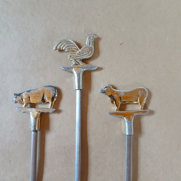 Lot Of 3 Rooster Cow Pig Skewers Kabobs 11.5" - Picture 3 of 5